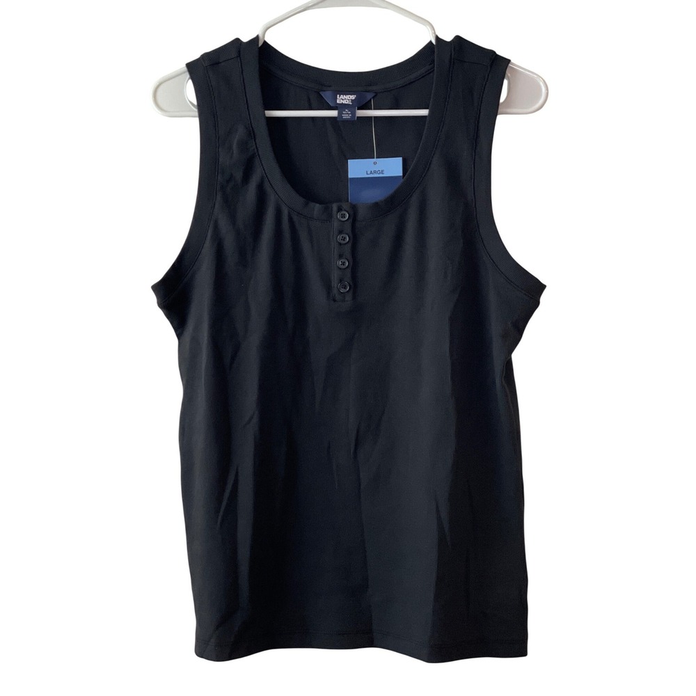 Lands End Ribbed Tank Top Womens Large Black NEW Henley‎ Scoop Neck Sleeveless